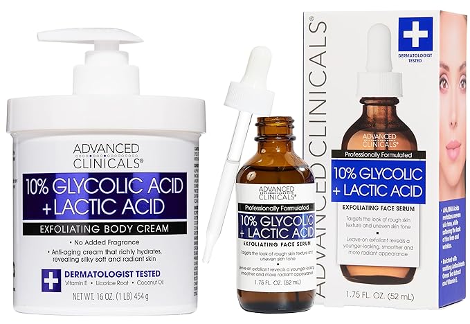 Advanced Clinicals 10% Glycolic Acid + Lactic Acid Body Lotion Moisturizer + AHA Glycolic Acid Face Serum 2pc Exfoliating Skincare Set To Reduce Look Of Uneven Rough Skin Texture, Fragrance Free, 2pc
