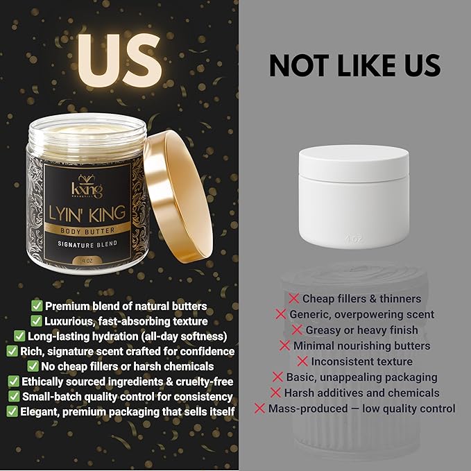 KXNG Cosmetics Organic Shea Body Butter Cream – 4oz | Body Butter for Men & Women with Shea, Cocoa, Mango & Coconut Oil | Deep Moisturizing Cream for Hands, Feet & All Skin Types – Lyin’ King