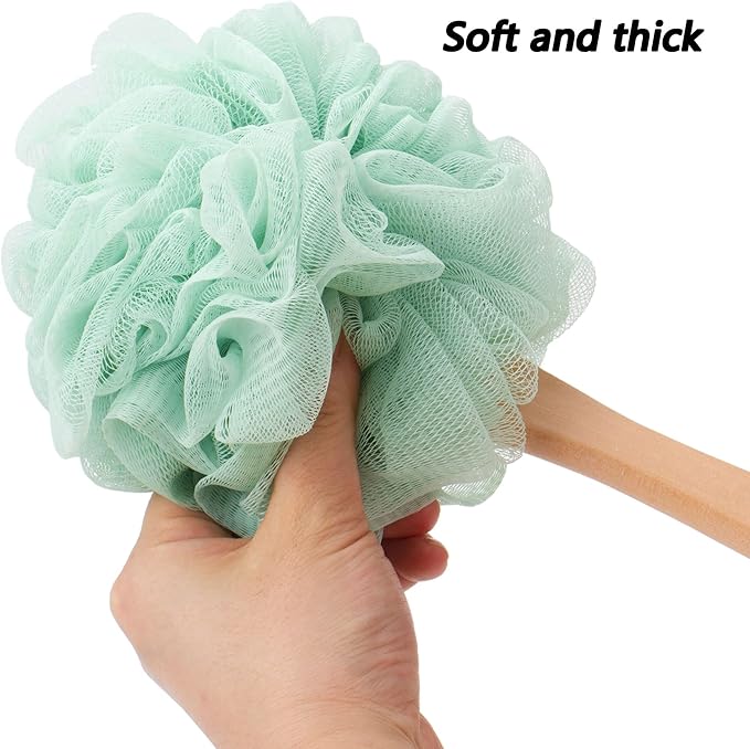 Loofah Sponge Back Scrubber, Wooden Long Handle Bath Sponge Lufa Shower Brush, Soft Nylon Mesh Back Cleaner Washer, Men & Women Exfoliating Luffa Pouf on a Stick for Body (Green)