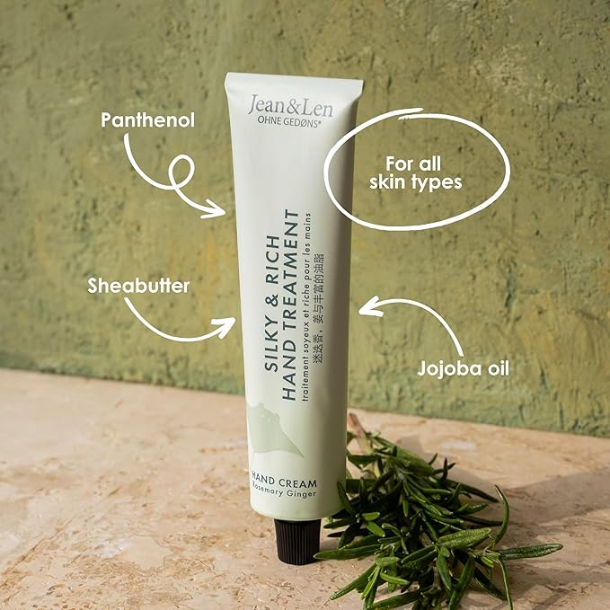 Jean & Len Silky & Rich Treatment Rosemary & Ginger, 100% recyclable aluminum tube (without lid), rich hand cream, ensures soft hands, without parabens & silicones, 2.54 Fl. Oz.