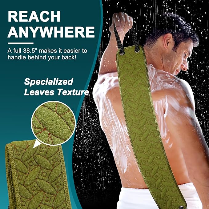 Exfoliating Back Scrubber for Use in Shower, 38.5 Inch Back Washer with Handles, Dual-Sided Body Exfoliator for Daily & Deep Skin Cleaning, Bath Back Scrub Washcloth for Men & Women (Green)