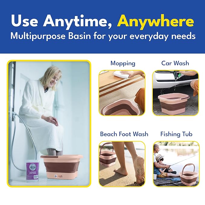 AWA Foot Soaking Tub, Collapsible Foot Bath Soak Tub for Soaking Feet, Pedicure Bowl, Plastic Feet Soaking Tub with Acupressure Massage Points, Foldable Laundry Basket (Pink Foot Tub)
