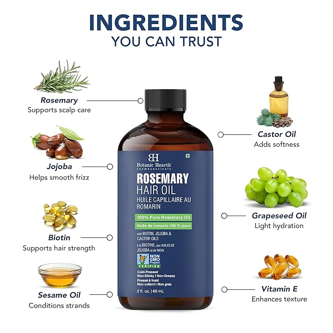Botanic Hearth 100% Pure Rosemary Oil For Hair Growth | Infused with Biotin, Jojoba & Castor Oil | Hair Oil Repairs Dry Damaged Hair, Strengthening, Healthier - Hair Tonic, 2 fl oz
