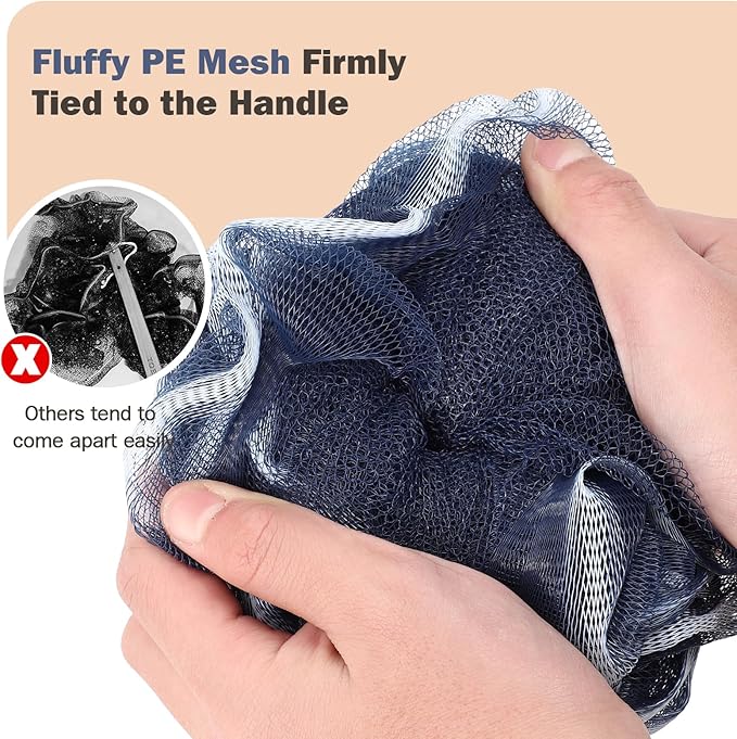 Loofah With Handle Back Scrubber for Shower, Non-Slip 17" Plastic Handle, Hand Shower & Loofah on a Stick Sponge Set, Deep Blue With White Edge