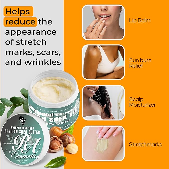 RA COSMETICS Whipped Shea Butter Eucalyptus – 12oz | 100% Pure and Natural African Shea Butter for Men & Women Ultimate Handcrafted Moisturizer with Essential Vitamins for Radiant Skin & Luscious Hai