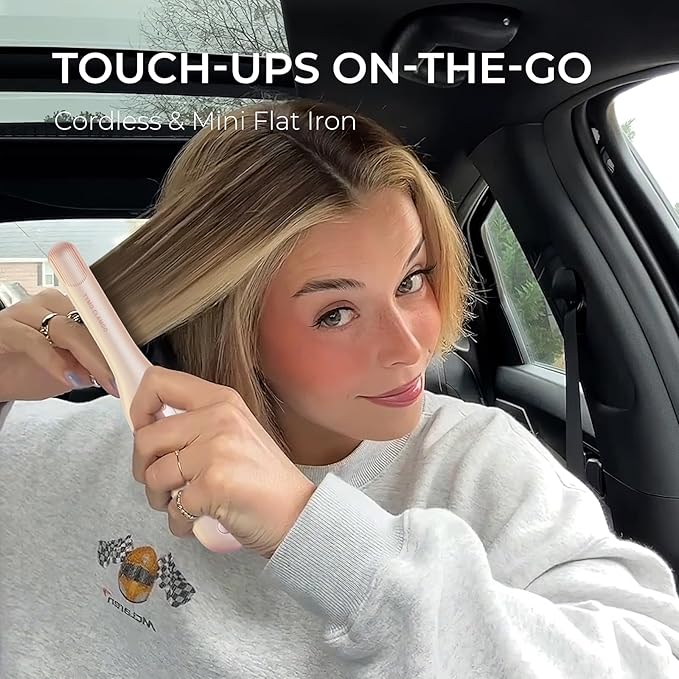 TYMO Cordless Mini Flat Iron for Short Hair, Portable 0.65 Inch Curling Iron for Travel, Hair Straightener and Curler 2 in 1, Ceramic Small Pencil Flat Iron with Curved, Dual Voltage, Pink