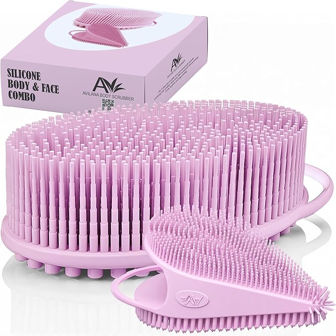 Body Face Scrubber Set Silicone - 2 Pack Shower Brush Facial Cleansing Kit - Avilana Bath Loofah Alternative Complete Skincare System Dual Sided - Gift Set Women Men