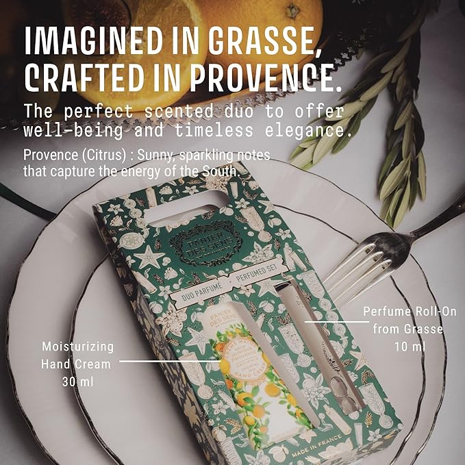 Panier des Sens - Provence Citrus Gift Duo - Hydrating Hand Cream 96% Natural Ingredients & Roll-On Eau de Toilette - Made in France, Vegan, Perfect Holiday Gift - Travel Size 1.7 Fl Oz + 0.3 Fl Oz