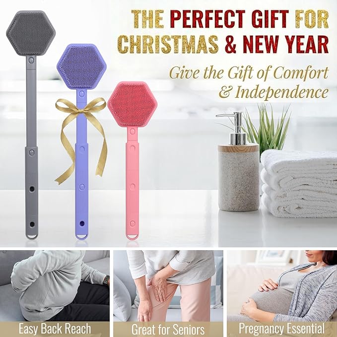 Silicone Back Scrubber for Shower – 21in Extendable Shower Brush with Long Handle – Dual-Sided Back Brush with Non-Slip Grip, Gentle Cleansing & Exfoliation for Men, Women, Elderly (Black)