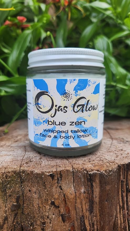 Blue Zen Whipped Tallow Face and Body Lotion w/Blue Tansy Essential Oil Lemongrass Frankinsense *Grass Fed Tallow *Organic Essential Oils *Apricot Kernel Oil *All Natural