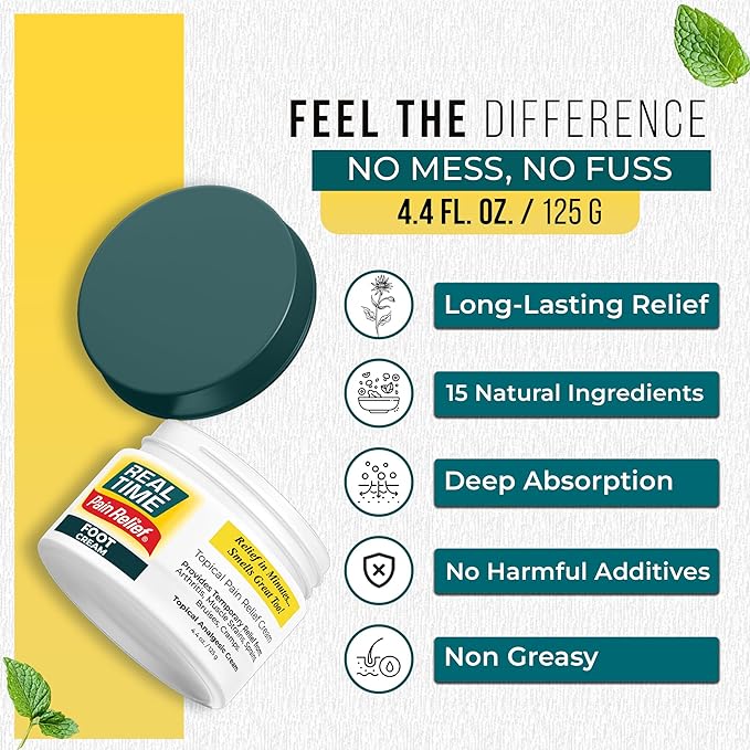Real Time Pain Relief Foot Cream 4.4oz Jar | 15 Natural Ingredients: Menthol, Tea Tree Oil, Vitamin E & Emu Oil | Advanced Neuropathy Relief & Soothing Lotion for Tired, Swollen, Sore & Aching Feet