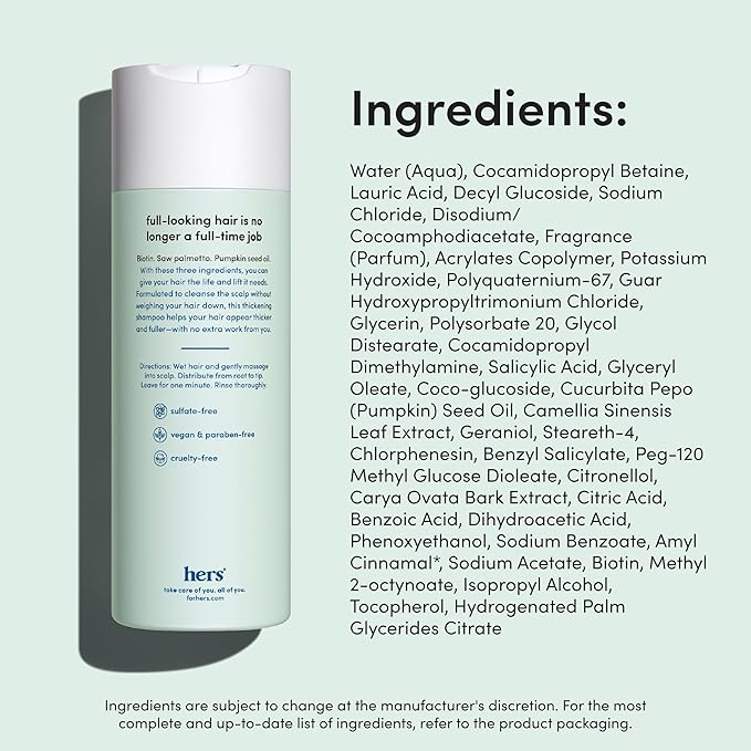 hers triple threat shampoo for hair that feels and looks thicker and stronger with biotin, saw palmetto, pumpkin seed oil, lightly scented with rose, helps control hair shedding, 2 pack, 6.4oz