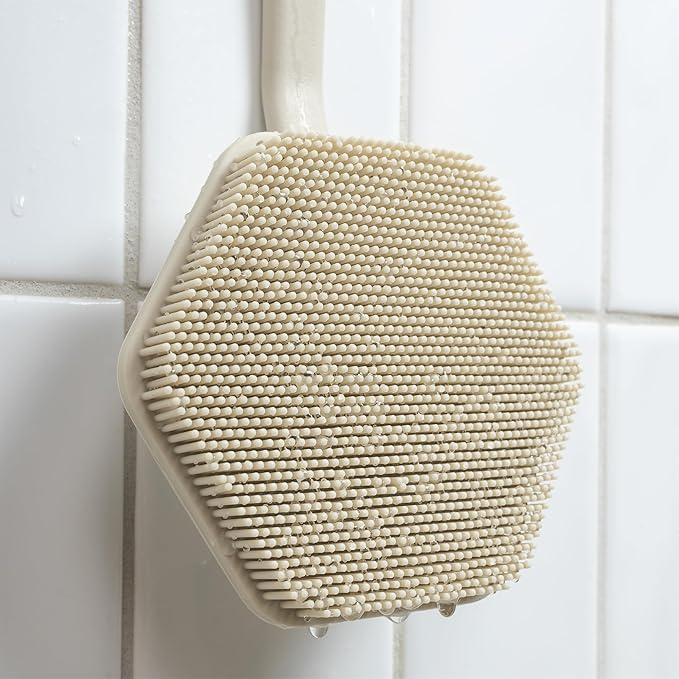TOOLETRIES Silicone Back Scrubber with Hook - Exfoliating Shower Brush, Back Washer for Men, Durable Back Brush with Long Handle - Long Lasting Bath & Shower Accessories - Sand