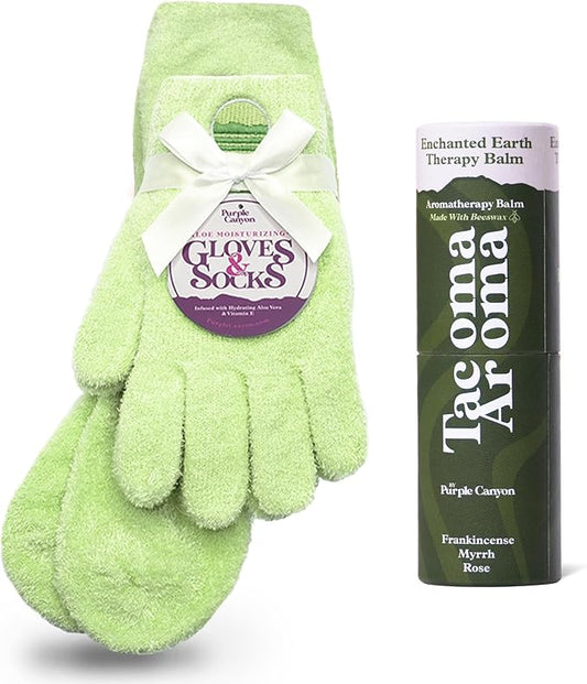 Purple Canyon Fuzzy Socks & Gloves and Essential Oil Balm Spa Kit | Green Socks and Gloves Infused with Aloe Vera and Vitamin E Oil | Beeswax Miracle Balm for Cracked Heel Repair and Foot Care