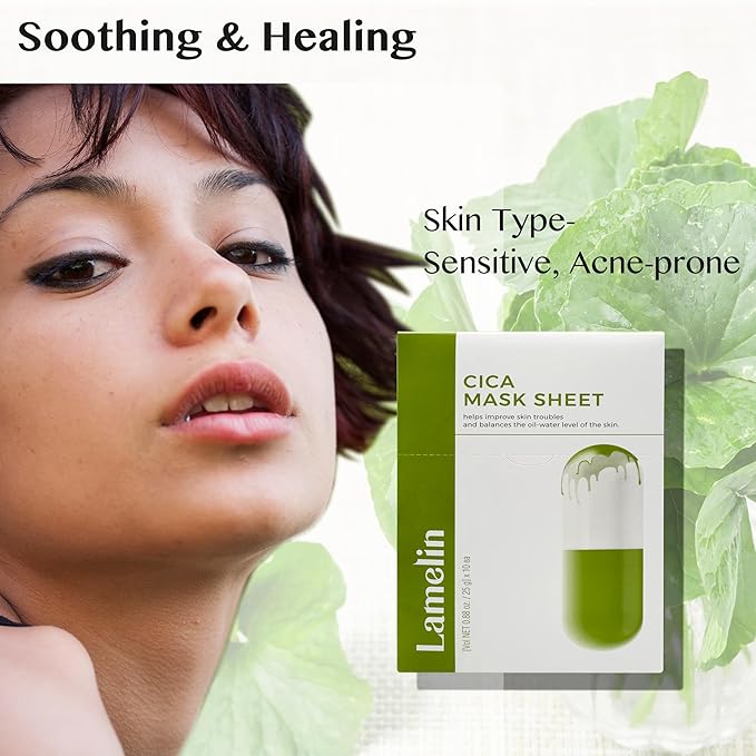 Lamelin Cica Niacinamide Sheet Mask, 10 Pack, Wormwood Tea Trea Anti Aging Skin Elasticity Hydrating Made In Korea