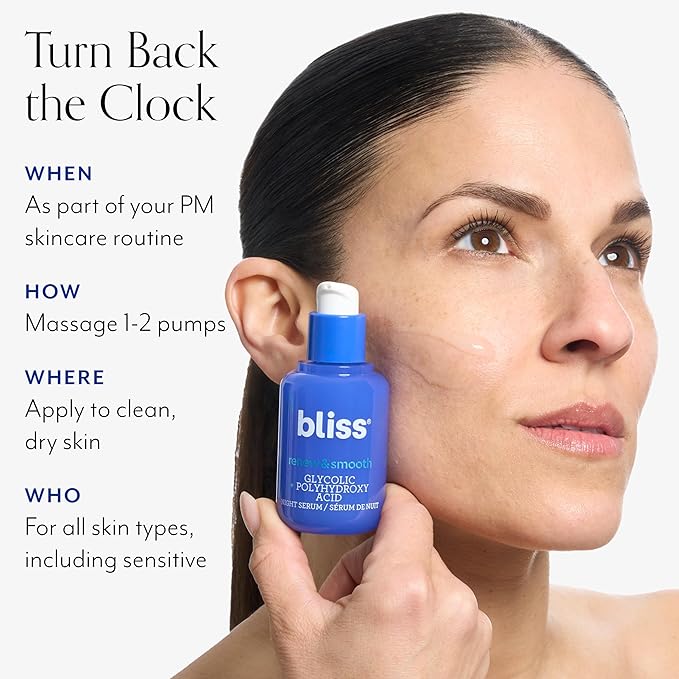 Bliss Glycolic + Polyhydroxy Acid Renew & Smooth - Night Serum - Gently Exfoliate Skin - Hydrating Squalane - Vegan & Cruelty-Free - 1 Fl Oz