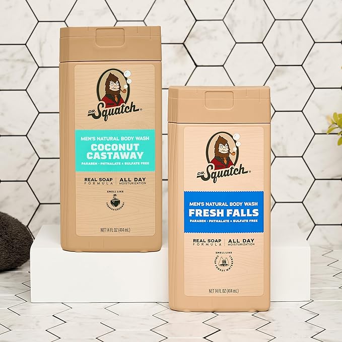 Dr. Squatch NEW Body Wash for Men with Nourishing, Natural Ingredients | No Paraben, Phthalate, Sulfate | All Day Moisture | Long Lasting Scent | Fresh Falls & Coconut Castaway (14 oz, 2-Pack)