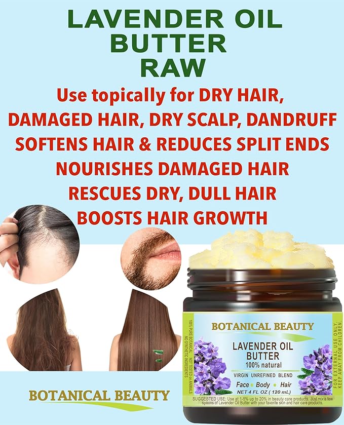 Botanical Beauty LAVENDER OIL BUTTER 100% Natural Lavender Essential Oil in Shea Nut Butter for FACE, SKIN, BODY, HAIR, NAILS. Beauty Skin Moisturizer Oil Butter. (8 Fl Oz)