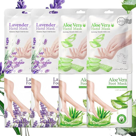 8 Pairs Hand and Feet Mask, Hand Gloves Moisturizing, Hydrating, Feet Peeling Mask for Men Women Repairing Dry, Cracked Skin, Aloe Vera & Lavender,