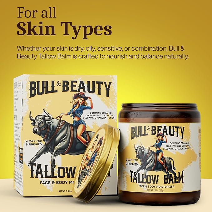 Bull & Beauty Organic Beef Tallow and Honey Balm 7.05oz Organic Beef Tallow for Skin - 100% Grass-Fed Unscented Beef Tallow Moisturizer for Skin & Face with Manuka Honey, Olive Oil & Beeswax