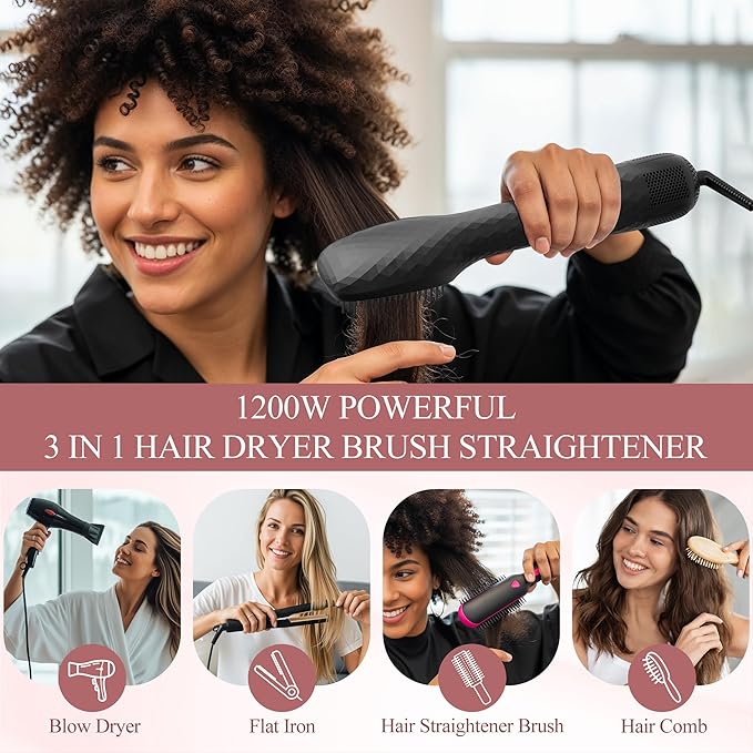 3-in-1 Hair Dryer Brush Straightener, Professional 1200W Ionic Blow Dryer Brush with Ceramic & Tourmaline Technology, 3 Heat/2 Speed Settings One Step Hair Dryer & Styler for All Hair Types