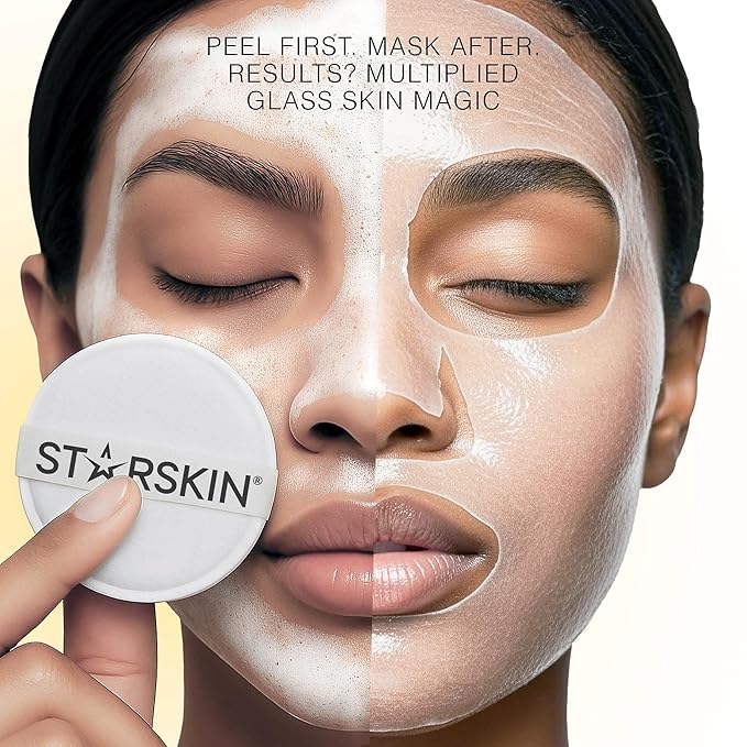 STARSKIN Glowstar, Facial Radiance Pads with Lactic and Glycolic Acid, AHA Exfoliant infused with Vitamin C Serum, Face Peeling Puff, Optimal for Soft Scrub, K Beauty Skincare