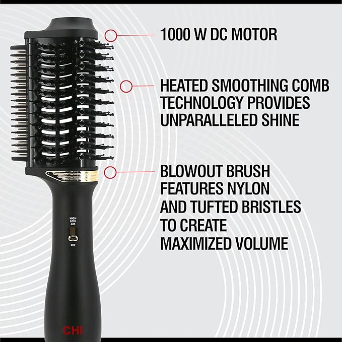 CHI Volume Styler, Blowout Brush for Amplified Volume, Heated Comb to Smoothen & Straighten Hair, 2-in-1 Hair Tool, Black