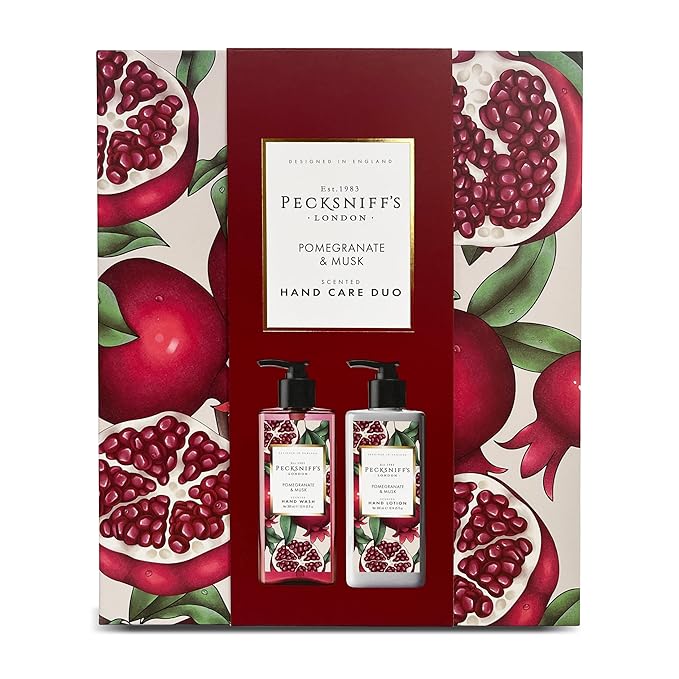 Pecksniffs Moisturizing Hand Wash and Hand & Body Lotion Caddy Set - Enchanted Winter Hand Care Duo, Pomegranate & Musk, Hard Box