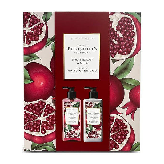 Pecksniffs Moisturizing Hand Wash and Hand & Body Lotion Caddy Set - Enchanted Winter Hand Care Duo, Pomegranate & Musk, Hard Box