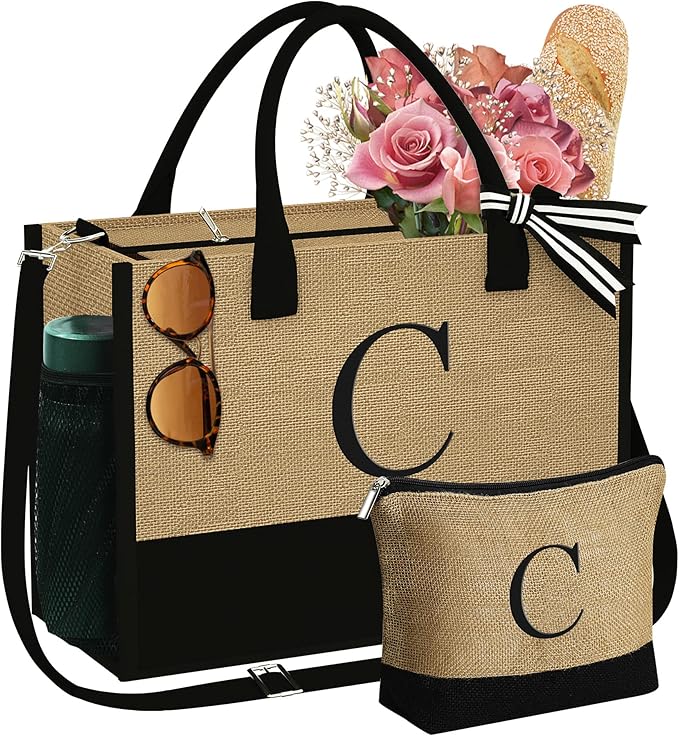 YOOLIFE Christmas Gifts for Women - Initial Jute Tote Bag & Makeup Bag, Birthday Gifts for Women Mom Wife Teacher Friend