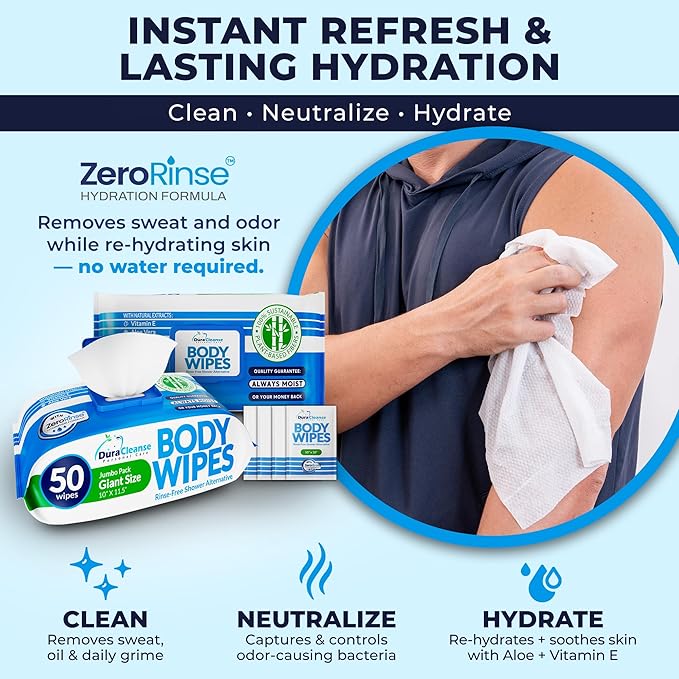 Dura Cleanse Body Wipes for Adults No Rinse Bathing (2 Pack) 100 XL Shower Cloths + 8 Travel Sheets – 10" x 11.5" Thick Disposable Washcloths for Camping & Elderly Care