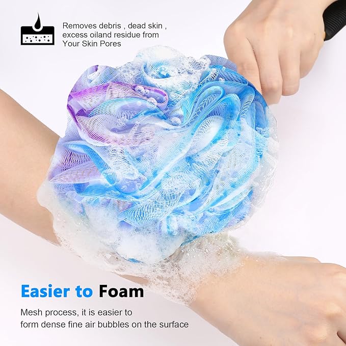 Loofah on a Stick PE Soft Mesh Luffa with Non-Slip Wooden Handle Made of Soft and Sturdy Rubber Material Back Scrubber for Shower for Women and Men with String for Easy Hanging(Purple Blue White)