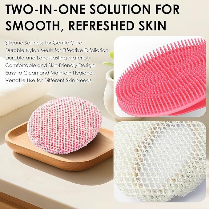 INNERNEED Food-Grade Silicone Body Scrubber Gentle Cleansing Brush with Exfoliating Net Sponge Bath Scrubbing Washcloth Case, More Hygienic and Well Lather (Black+Pink Set)