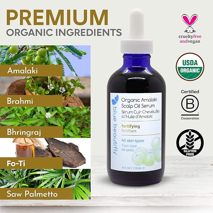 Blue Beautifly Organic Amla Oil for Scalp Serum - Strengthens Hair Follicles, Restores Growth, and Treats Dandruff-USDA Certified Organic - Enriched with Rosemary Oil and Ayurvedic Herbs - 4 fl oz