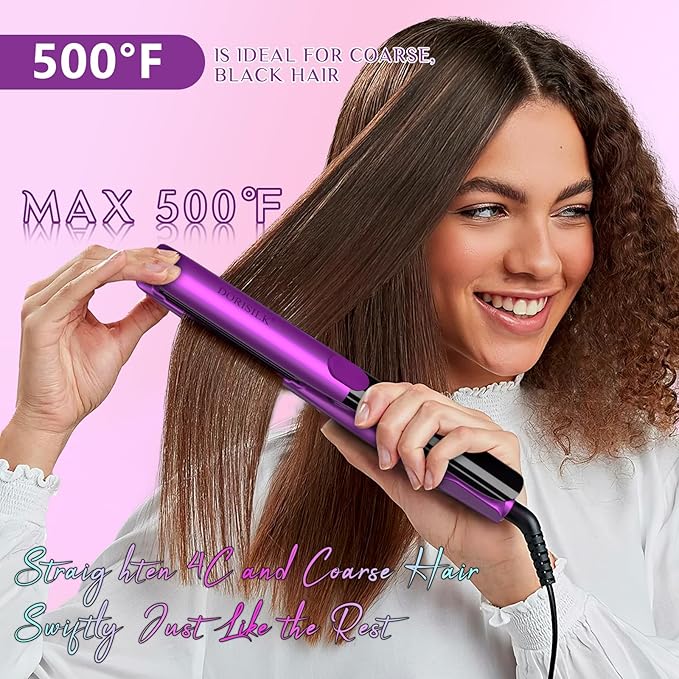 DORISILK 500 Degree High Temp Professional Hair Straightener，15s Fast Heating Ceramic Flat Iron ，2 in 1 Hair Straightener and Curler，Plasma Flat Iron Get Frizz-Free ，Dual Voltage for Travel Purlpe