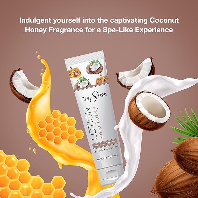 Cre8tion Spa Coconut Honey Hand & Body Lotion, Luxurious Lightweight Moisturizer for Silky, Smooth Skin, 3.3 Fl Oz