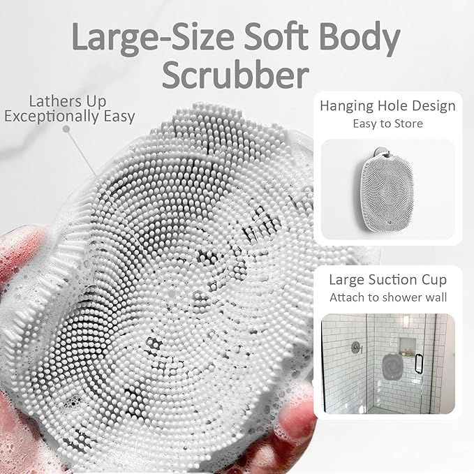 Soft Silicone Body Scrubber, Gentle Like a Hand Exfoliating Your Skin and Build Up Lather, Back Large Suction Cup Easy to Store, & Deep Clean (Body Scrubber + Face Scrubber Gray)