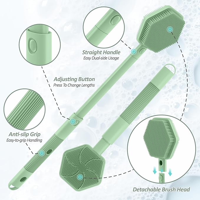 Silicone Back Scrubber for Shower, 16''-21''Extendable Shower Back Scrubber with Dual-Side Large Brush Head, 3-Length Back Brush Bath Brush with Strong Handle & Rich Foaming Bristles(Green)