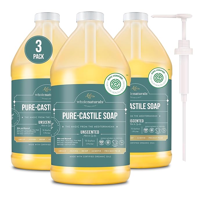 WHOLENATURALS Pure Castile Soap Liquid, EWG Verified & Certified Palm Oil Free Unscented, Natural, Mild & Gentle Non-gmo & Vegan - Organic Body Wash, Laundry, Pet/Dog and Baby Soap -Pack of 3 w/pump