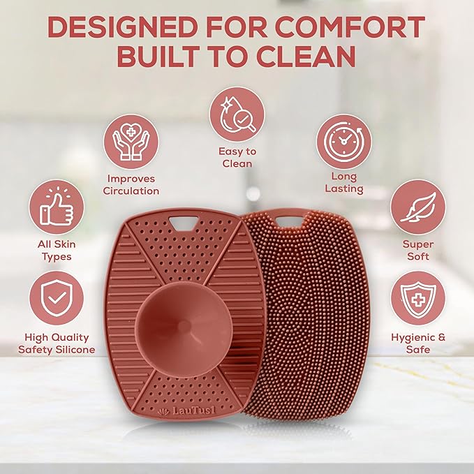 Silicone Body Scrubber – Exfoliating Shower Brush with Suction Handle & Hook | Soft Loofah Alternative for Sensitive Skin | Women, Men, Babies | Dusty Pink