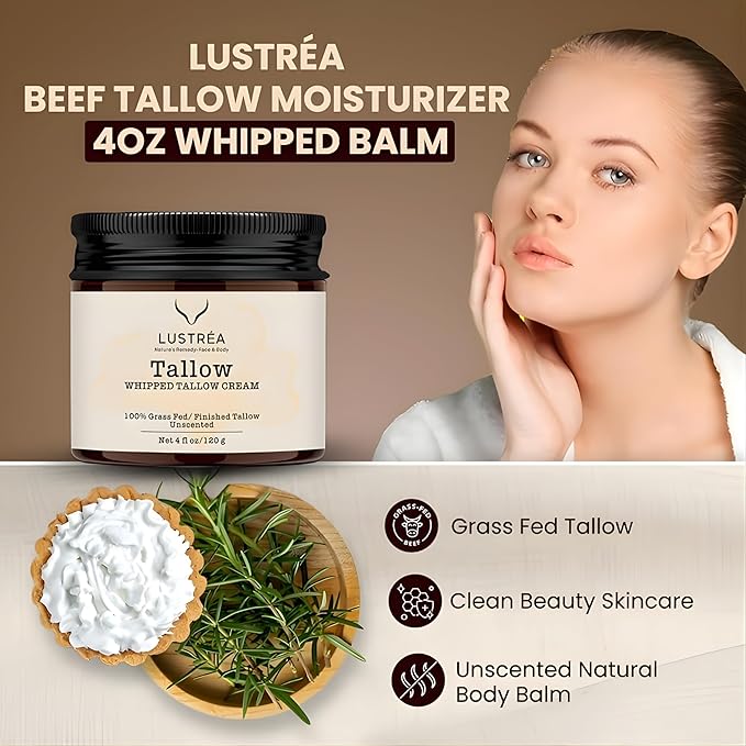 Whipped Tallow Cream 4oz | Grass Fed Beef Tallow Balm for Face & Body |Tallow Moisturizer for Dry Skin, Sensitive Skin (120 gram, Clean Cloud)