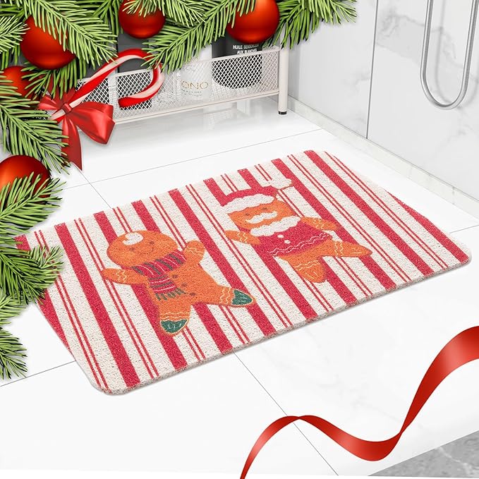 Christmas Non-Slip Bathtub Mat, Anti Slip Shower Mat, Fast Drying Bathtub Mats, Foot Scrubber Mat, Anti Slip Mat for Tub, Floor, Bathroom, Kitchen, Home, Hotel (Gingerbread Santa, 24"x16")