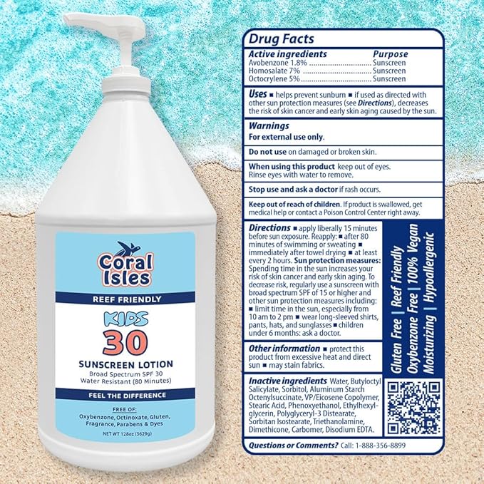 Rocky Mountain Sunscreen | KIDS SPF 30 Lotion -Broad Spectrum UVA/UVB Protection | Hawaii 104 Reef Act Compliant (Oxybenzone & Octinoxate Free) | Water Resistant 80 Min. | Gallon with Pump (128 Fl Oz)