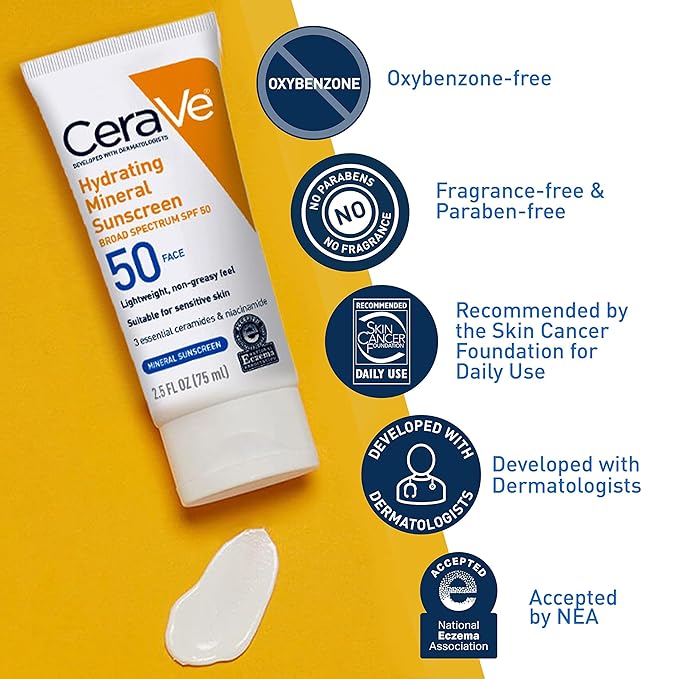 CeraVe 100% Mineral Sunscreen SPF 50, Face sunscreen With Zinc Oxide & Titanium Dioxide, Hyaluronic Acid + Niacinamide + Ceramides, Oil Free, Travel Size 2.5 oz