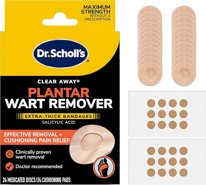 Dr Scholl's Clear Away Plantar Wart Remover Extra-Thick Bandages for Feet, 24 Treatments - Clinically Proven Effective Wart Removal and Cushioning Pain Relief, Comfortable Multi-Day Coverage Patches