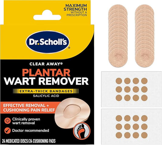 Dr Scholl's Clear Away Plantar Wart Remover Extra-Thick Bandages for Feet, 24 Treatments - Clinically Proven Effective Wart Removal and Cushioning Pain Relief, Comfortable Multi-Day Coverage Patches