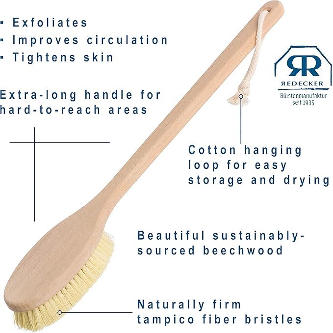 REDECKER Bath Brush with Tampico Fiber Bristles and Oiled Beechwood Handle, 19-5/8-Inches Long, Made in Germany