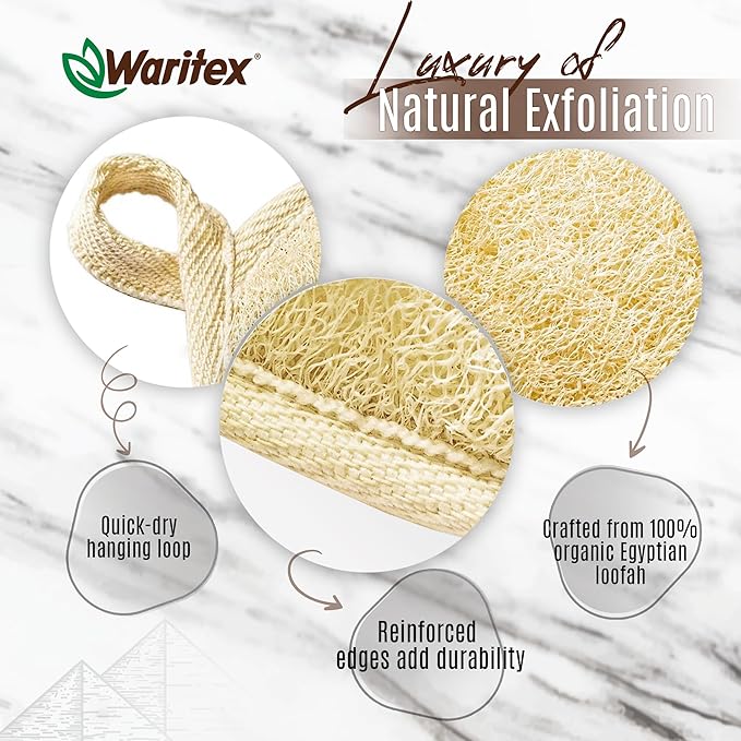 Waritex Egyptian Loofah Rectangular Body Scrubbers with Hand Strap, Exfoliating Bath Pads Made from Natural Egyptian Loofah Fibers, Gentle Deep Cleansing for Men and Women in Shower 2 Count (1 Pack)