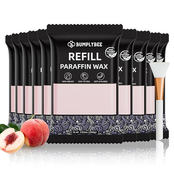 Paraffin Wax Kit - 10 Packs Peach Scent Paraffin Wax Refills with Silicone Brush, Skin Moisturizing, Non-Greasy, Easy-Peeling