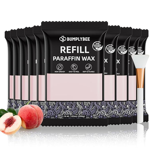 Paraffin Wax Kit - 10 Packs Peach Scent Paraffin Wax Refills with Silicone Brush, Skin Moisturizing, Non-Greasy, Easy-Peeling